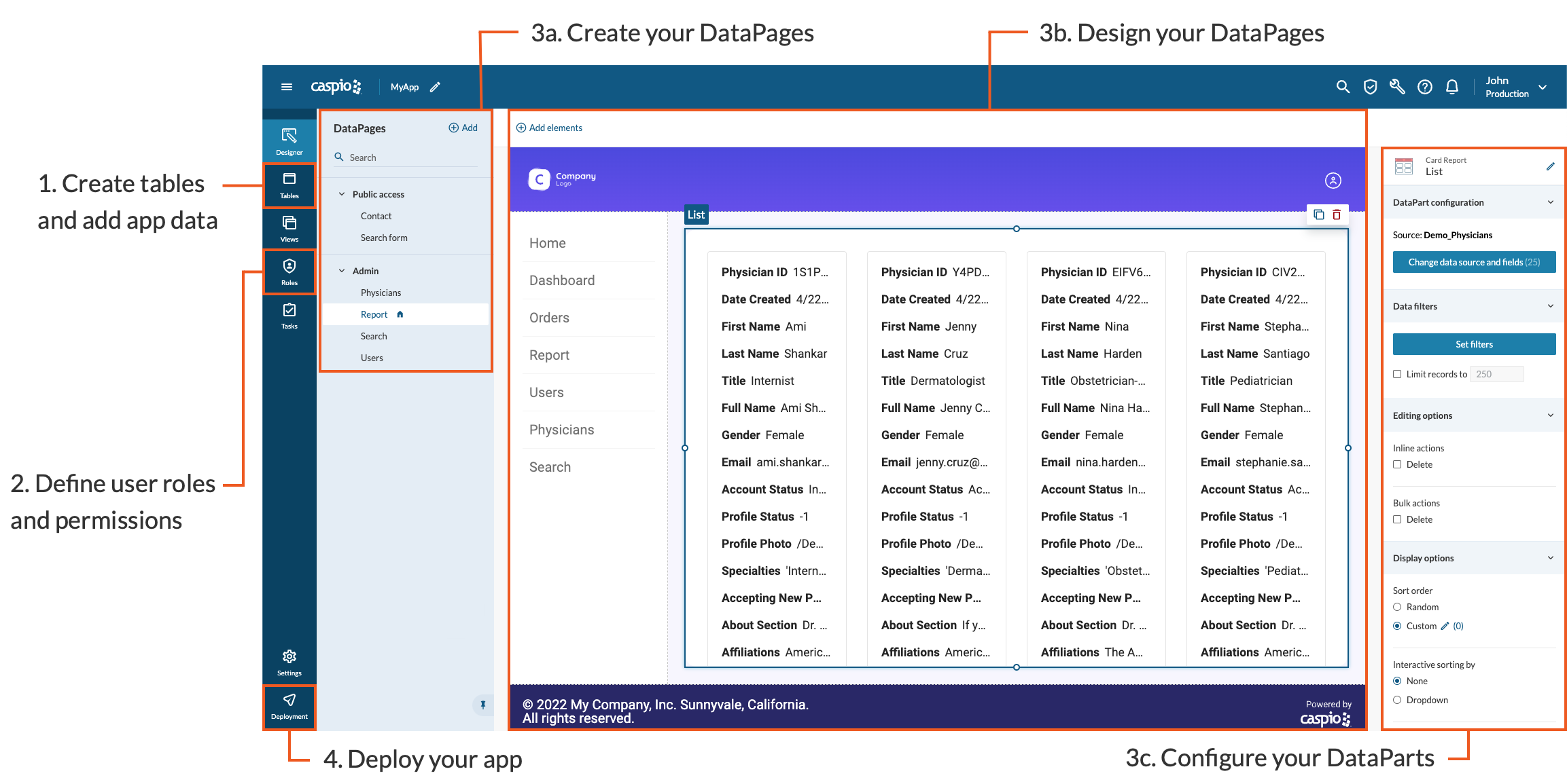 App Designer view with highlighted elements with captions that summarize the main steps of the app creation process.