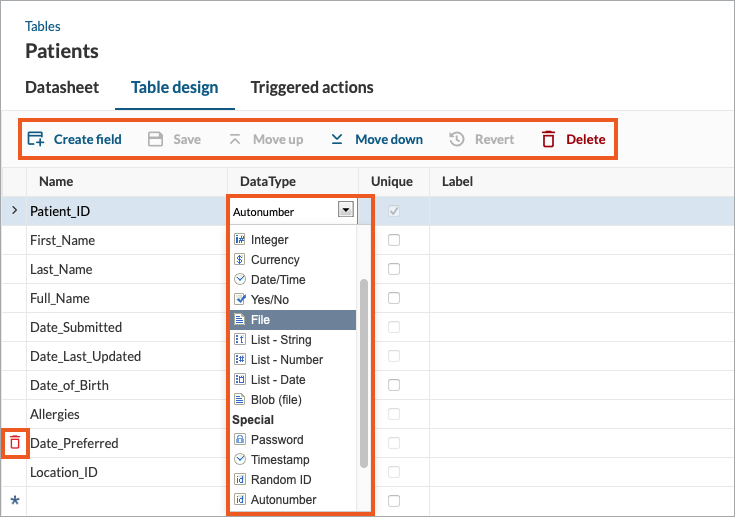 Table design tab with selected options to modify the table design.