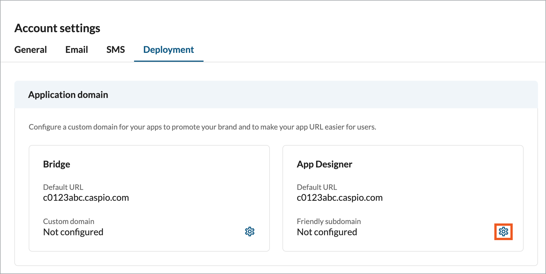 The Deployment tab of the Account settings page showing the location of the gear icon that opens the friendly subdomain configuration.