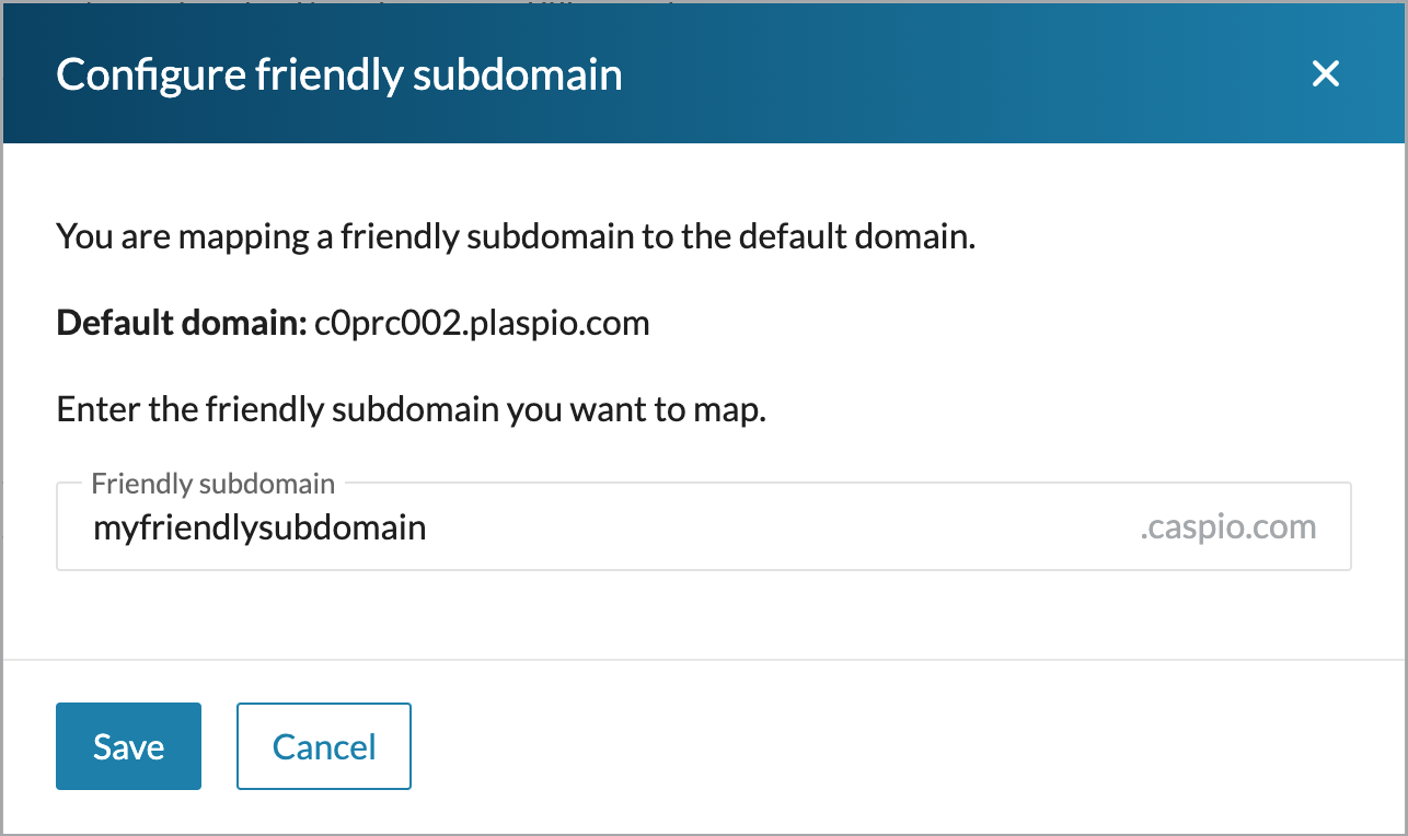 The Configure friendly subdomain modal showing controls for entering the new subdomain.